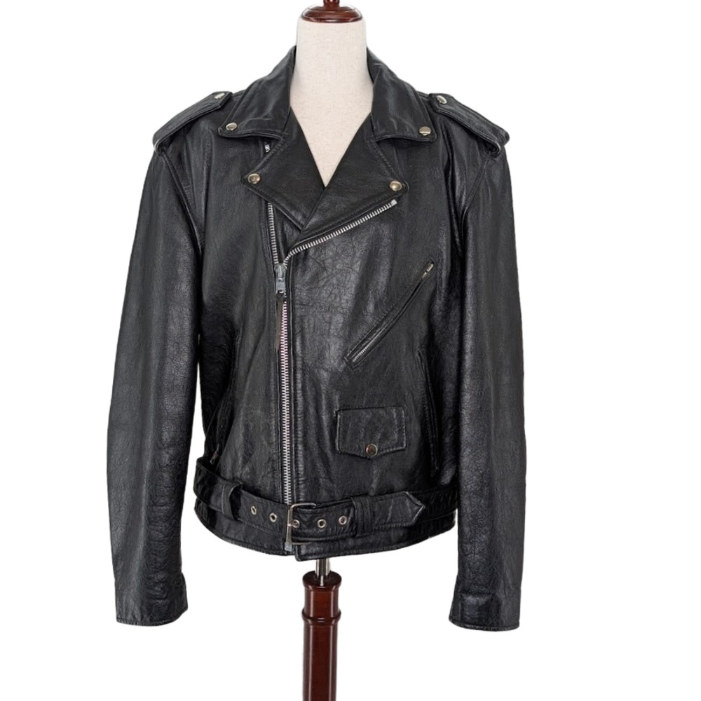 Wilsons Leather Black Moto Jacket size‎ Large Vintage Belted Biker Distressed